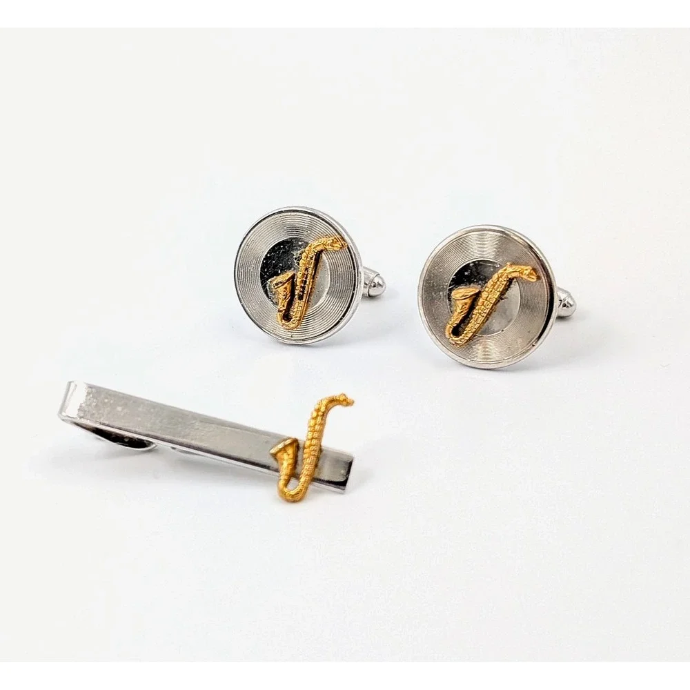 VTG 1950s Shields Saxophone Cufflinks &‎ Tie Clip Set Jazz Musician Novelty